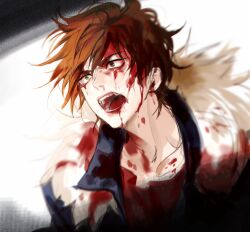  1boy black_jacket blood blood_from_mouth blood_in_hair blood_on_chest blood_on_ears blood_on_face blood_on_neck brown_hair commentary fur-trimmed_jacket fur_trim gi_um green_eyes highres isoi_reiji jacket male_focus open_clothes open_jacket open_mouth red_shirt saibou_shinkyoku shirt short_hair shouting solo 