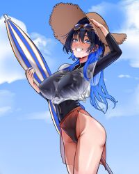  absurdres alternate_costume ass_visible_through_thighs beach beach_umbrella black_hair blue_eyes blue_hair blue_umbrella breasts contrapposto female highres holding holding_umbrella hololive hololive_english koizumi_arata large_breasts long_hair looking_at_viewer multicolored_hair ouro_kronii outdoors pink_sarong sarong see-through see-through_sarong see-through_shirt shirt sky smile solo striped_umbrella swimsuit two-tone_umbrella umbrella virtual_youtuber white_shirt white_umbrella zipper 