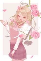  ahoge akamatsu_kaede ao_ringo_(yakirinngo_ha) blonde_hair blush breasts closed_eyes collared_shirt commentary danganronpa_(series) danganronpa_v3:_killing_harmony eyelashes falling_petals female flower hair_ornament halo highres long_hair long_sleeves musical_note musical_note_hair_ornament musical_note_print necktie open_mouth orange_necktie pale_color petals pink_flower pink_rose pink_sweater_vest pink_vest pleated_skirt rose shirt skirt smile solo standing sweater_vest vest white_bag white_shirt 