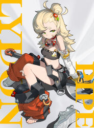  absurdres blonde_hair breasts character_name choker closed_mouth crop_top detached_pants detached_sleeves ear_piercing female gloves goggles goggles_on_head green_eyes hair_bun hair_ornament highres kongtoulaotou long_hair looking_at_viewer midriff piercing piper_wheel red_choker shoes simple_background single_shoe sitting small_breasts solo strap_slip torn_clothes weapon white_footwear yellow_gloves zenless_zone_zero 