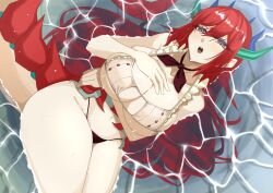  adapted_costume bikini blue_eyes breasts cleavage dragon_girl dragon_horns dragon_tail duel_monster female horns huge_breasts kitchen_dragonmaid looking_at_viewer lying_on_water mogu1000 navel partially_submerged red_hair solo swimsuit tail thick_thighs thighs yu-gi-oh! 