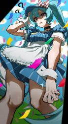  ? ?? apron black_choker blue_background blue_dress blue_hair blue_skirt blue_sky blue_trim bow choker cloud collared_dress confetti confused dress female fujinari green_background hand_on_own_head hand_up hatsune_miku highres long_hair mesmerizer_(vocaloid) open_mouth pinstripe_dress pinstripe_hat pinstripe_pattern pinstripe_shirt red_bow red_trim shirt short_sleeves skirt sky solo twintails upper_body very_long_hair visor_cap vocaloid waist_apron white_apron white_background white_bow 