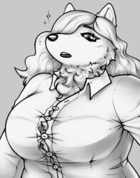  anthro big_breasts breasts canid canine canis clothing curled_hair domestic_dog embarrassed female hair hi_res mammal nordic_sled_dog one_eye_obstructed open_mouth overweight overweight_female samoyed shirt simple_background solo sparkles spitz tight_clothing tight_topwear topwear white_body zegzagun 