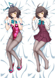  ahoge animal_ears aqua_bow aqua_bowtie blunt_bangs bow bowtie breasts brown_eyes brown_hair covered_navel dakimakura_(medium) detached_collar dress fake_animal_ears fake_tail female fishnet_pantyhose fishnets grey_pantyhose high_heels highleg highleg_leotard kantai_collection kishinami_(kancolle) leotard long_sleeves moke_ro no_pupils pantyhose playboy_bunny pleated_dress purple_dress purple_footwear purple_leotard rabbit_ears rabbit_tail school_uniform seamed_legwear shirt short_hair side-seamed_legwear small_breasts strapless strapless_leotard tail thighband_pantyhose wavy_hair white_shirt white_wrist_cuffs wrist_cuffs 