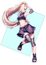  :d absurdres arm_up armpits bandages blonde_hair blue_eyes blush commentary crop_top english_commentary female fishnets floating_hair full_body groin hair_ornament hair_over_one_eye hairclip high_ponytail highres ino_yamanaka leg_up long_hair midriff naruto_(series) naruto_shippuuden navel open_mouth purple_skirt sasucchi95 short_shorts shorts shorts_under_skirt skirt smile solo standing standing_on_one_leg stomach transparent_background very_long_hair 