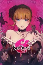  azumi-kun bare_shoulders beatrice_(umineko) blonde_hair blue_eyes choker commentary dress english_commentary flower goatman_(umineko) hair_flower hair_ornament heart heart_background umineko_no_naku_koro_ni ushiromiya_battler 