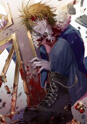  1boy absurdres black_eyes black_footwear blood blood_on_chest blood_on_clothes blood_on_face blue_jacket blue_pants brown_hair closed_mouth commentary cross cross-laced_footwear fur-trimmed_jacket fur_trim hair_between_eyes highres isoi_reiji jacket long_sleeves male_focus noksaene open_clothes open_jacket pants red_shirt saibou_shinkyoku shirt short_hair solo twitter_username 