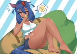  absurdres alternate_costume animal_ears asahiruyou bare_shoulders barefoot black_hair blush breasts carrot-shaped_pillow cleavage commentary_request dark-skinned_female dark_skin ear_down ear_ornament ear_scrunchie feet female food food_in_mouth full_body hair_between_eyes highres hishi_amazon_(umamusume) holding holding_food holding_popsicle horse_ears horse_girl horse_tail large_breasts long_hair one_eye_closed popsicle popsicle_in_mouth red_eyes short_shorts shorts sitting solo spoken_expression striped_background tail tank_top thighs toenails toes umamusume white_tank_top 