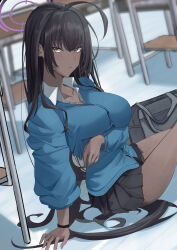  ahoge arm_under_breasts bag black_hair black_skirt black_wristband blue_archive blue_cardigan breasts cardigan classroom collarbone collared_shirt commentary dark-skinned_female dark_skin earrings female hair_between_eyes halo highres indoors jewelry karin_(blue_archive) large_breasts long_hair looking_at_viewer on_floor parted_lips pleated_skirt purple_halo ref_(pmxt4483) school_bag school_uniform shirt sitting skirt solo stud_earrings thighs very_long_hair white_shirt 