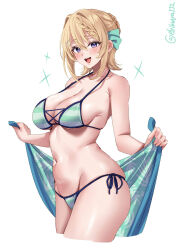  artist_name bare_arms bare_shoulders bikini blonde_hair blue_eyes blush braid braided_bangs breasts cleavage commentary_request cross-laced_bikini cross-laced_clothes ebifurya female green_bikini hair_between_eyes hair_ornament highres holding kantai_collection large_breasts looking_at_viewer navel one-hour_drawing_challenge open_mouth perth_(kancolle) perth_(swimsuit_mode)_(kancolle) short_hair side-tie_bikini_bottom simple_background skindentation smile solo sparkling_aura stomach striped_bikini striped_clothes swimsuit teeth twitter_username upper_teeth_only white_background 