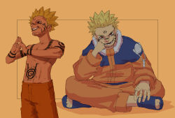  absurdres blonde_hair body_markings clenched_hand dochie domain_expansion evil_grin evil_smile facial_mark grin hand_on_own_foot highres indian_style jacket jujutsu_kaisen naruto naruto_(series) open_mouth orange_background orange_jacket orange_pants pants red_eyes ryoumen_sukuna_(jujutsu_kaisen) sandals simple_background sitting smile toned toned_male topless_male trait_connection uzumaki_naruto 