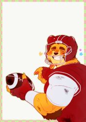  2022 absurd_res arm_tuft ball bear biceps blush booboo34 border brown_hair checkered_border claws closed_eyes clothing elbow_tuft finger_claws football_helmet football_jersey football_uniform forearm_muscles fur furgonomic_helmet gloves gobert_krasimir gridiron_ball hair handwear hi_res holding_ball holding_object looking_at_viewer looking_back looking_back_at_viewer male mammal pawpads red_clothing red_gloves red_handwear red_helmet red_jersey red_topwear smile solo topwear tuft ursine wristband yellow_body yellow_fur 