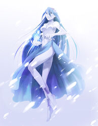  ankle_cuffs bad_id bad_pixiv_id barefoot blue_dress blue_eyes blue_hair blue_theme celestial_s celsius_(tales) dress female floating full_body hairband hands highres ice legs long_hair navel pale_skin pointy_ears sleeveless snow solo tales_of_(series) tales_of_eternia white_background 