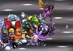  2boys bowser byte_(grunty-hag1) cackletta commentary_request crossover crown culex dimentio donkey_kong donkey_kong_(series) elder_princess_shroob exdeath facial_hair final_fantasy final_fantasy_5 from_side hat horns luigi mario mario_&amp;_luigi:_partners_in_time mario_&amp;_luigi:_superstar_saga mario_&amp;_luigi_rpg mario_(series) mario_party mario_party_3 millennium_star moustache mr._l multiple_boys neo_exdeath overalls paper_mario paper_mario:_the_thousand_year_door parody shadow_queen smithy spoilers super_dimentio super_mario_bros._2 super_mario_land super_mario_land_2 super_mario_rpg super_paper_mario tatanga wario wart_(mario) 