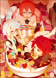  3boys adjusting_eyewear bad_id bad_pixiv_id bathtub black_border book border bow bowtie box box_of_chocolates cake candy candy_jar cd checkered_floor chocolate chocolate_banana chocolate_strawberry clothes_hanger curtains cushion doughnut eating food glasses green_eyes hair_between_eyes hand_on_eyewear heart hou_(ppo) ice_cream ice_cream_sandwich in_food inazuma_eleven inazuma_eleven_(series) indoors innertube jar jelly_bean kiyama_hiroto lollipop macaron mint_chocolate mouth_hold multiple_boys nagumo_haruya neck_ribbon pastry perspective photoshop_(medium) pillow pocky polka_dot polka_dot_bow pudding red-framed_eyewear red_hair ribbon rubber_duck shirt short_hair speaker stereo striped_clothes striped_shirt suzuno_fuusuke sweets swept_bangs swim_ring swiss_roll too_much_food truffle white_hair white_shirt yellow_eyes 