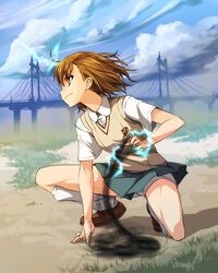  blue_sky bridge brown_eyes brown_hair brown_sweater_vest cloud cloudy_sky commentary_request day electricity electrokinesis emblem female magnetism medium_hair metal metal_sand misaka_mikoto nekomamire outdoors photoshop_(medium) pleated_skirt psychic school_emblem school_uniform short_shorts shorts shorts_under_skirt skirt sky solo summer_uniform sweater_vest toaru_kagaku_no_railgun toaru_majutsu_no_index tokiwadai_school_uniform white_shorts 