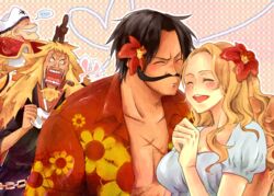  3boys ance blush cigar commentary_request edward_newgate female flower freckles gol_d._roger hair_ornament hawaiian_shirt imminent_kiss jealous kinjishi_no_shiki kissing manly multiple_boys one_piece open_clothes open_shirt portgas_d._rouge scar shirt 