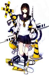  bad_id bad_pixiv_id bag black_hair black_socks chainsaw female hand_on_own_hip helmet kneehighs long_hair original raichi_(quatsch) railroad_crossing road_sign school_uniform serafuku shoes sign skirt sneakers socks solo standing standing_on_one_leg traffic_cone yellow_eyes 