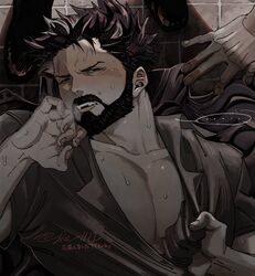  ... 4boys bara beard billy_butcher blush coat collared_shirt facial_hair highres large_pectorals lying male_focus multiple_boys muscular muscular_male on_back pectorals shirt short_hair sio_1123 spiked_hair the_boys twitter_username unworn_coat yaoi 