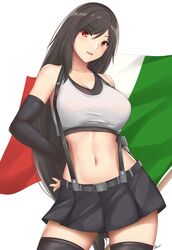  :d arcie_albano arm_behind_back bare_shoulders black_bra black_gloves black_hair black_skirt black_thighhighs blush bra breasts cleavage collarbone contrapposto cowboy_shot crop_top earrings elbow_gloves elbow_pads english_commentary female final_fantasy final_fantasy_vii final_fantasy_vii_remake fingerless_gloves gloves hand_on_own_hip highres italian_flag italian_senate_porn_livestream_(meme) jewelry large_breasts long_hair looking_at_viewer low-tied_long_hair meme midriff navel open_mouth pleated_skirt red_eyes sidelocks signature simple_background single_elbow_pad skindentation skirt smile solo stomach suspender_skirt suspenders tank_top thighhighs tifa_lockhart toned underwear white_background zettai_ryouiki 