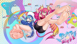  2girls absurdres barefoot bike_shorts blue_hair duel_monster fangs feet foot_focus foreshortening green_eyes highres jacket ki-sikil_(yu-gi-oh!) lil-la_(yu-gi-oh!) live_twin_ki-sikil live_twin_lil-la looking_at_viewer multiple_girls pink_hair shark soles stuffed_toy tail toes twintails underwear xo_(xo17800108) yu-gi-oh! 