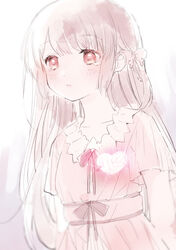  arms_at_sides backlighting bad_id bad_pixiv_id beige_background blurry broken_heart brown_eyes brown_hair closed_mouth collarbone commentary_request crack depth_of_field dot_nose expressionless eyelashes facing_viewer female glowing_heart gradient_background hair_ribbon heart light_blush long_hair looking_afar magia_record:_mahou_shoujo_madoka_magica_gaiden mahou_shoujo_madoka_magica muted_color pale_color ranan ribbon satomi_touka simple_background sleepwear solo tareme tearing_up tears transparent upper_body white_background 