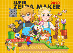  2020 3girls 6+boys ?_block block_(mario) block_(object) blonde_hair blue_eyes blue_toad_(mario) bowser_jr. braid chain_chomp commentary company_connection crossover facial_hair goomba green_eyes green_shell_(mario) guardian_(zelda) hammer_brothers hat highres junior_clown_car koopa_troopa licking_lips link luigi mario mario_(series) moustache multiple_boys multiple_girls open_mouth overalls piranha_creeper pointy_ears princess_zelda round_teeth rutiwa shell spiny super_mario_bros._1 super_mario_maker teeth the_legend_of_zelda the_legend_of_zelda:_tears_of_the_kingdom thick_eyebrows thwomp toad_(mario) toadette tongue tongue_out warp_pipe wings yellow_background 