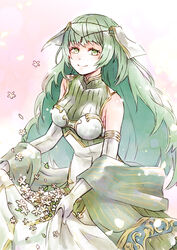  bare_shoulders breasts circlet closed_mouth ebi_puri_(ebi-ebi) female fire_emblem fire_emblem_echoes:_shadows_of_valentia flower green_eyes green_hair holding long_hair looking_at_viewer medium_breasts solo tatiana_(fire_emblem) upper_body 