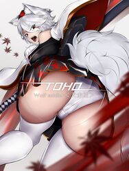  amekudaki animal_ear_fluff animal_ears arm_guards ass bare_shoulders black_gloves black_skirt breasts cameltoe crop_top detached_sleeves english_text eyes_visible_through_hair fangs female gloves highres inubashiri_momiji katana leaf looking_at_viewer looking_back looking_down maple_leaf medium_breasts open_mouth panties patterned_clothing red_eyes sheath shiny_clothes shiny_skin short_hair skindentation skirt sleeveless sleeveless_turtleneck sword tail thick_eyebrows thick_thighs thighhighs thighs touhou turtleneck underwear weapon white_hair white_legwear white_panties white_tail wide_sleeves wolf_ears wolf_tail 