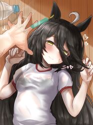  ^^^ absurdres ahoge animal_ears black_bra black_hair bra bra_visible_through_clothes earrings eyes_visible_through_hair female frilled_bra frills grey_hair gym_shirt hair_between_eyes highres horse_ears horse_girl jewelry leogust long_bangs long_hair lying manhattan_cafe_(umamusume) on_back on_floor pov pov_hands see-through shirt short_sleeves single_earring smile solo_focus translucent umamusume underwear very_long_hair water wet wet_clothes wet_shirt white_shirt wooden_floor yellow_eyes 