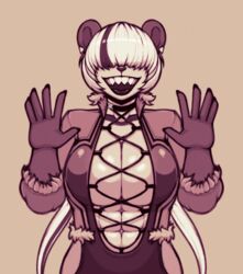  2022 abs anthro bear big_breasts breasts clothed clothing cosplay digital_media_(artwork) dress female freepancakes fur giant_panda hair hair_over_eyes jacket king_of_fighters mammal monochrome muscular open_mouth sharp_teeth shermie simple_background smile snk solo teeth topwear white_hair 