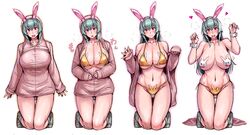  :d :o animal_ears blush breasts choker cleavage closed_mouth collarbone commentary curvy female gold_bra gold_panties green_eyes grey_socks hair_between_eyes heart highres jacket kneeling large_breasts long_hair looking_at_viewer navel open_mouth original pasties paw_pose pink_jacket rabbit_ears red_eyes simple_background smile socks stomach tsuda_nanafushi unzipping white_background wrist_cuffs 