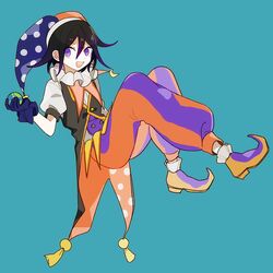  1202_koge 1boy black_hair black_vest blue_background blue_hat colored_tips commentary_request danganronpa_(series) danganronpa_v3:_killing_harmony earth_(planet) flipped_hair full_body gloves hair_between_eyes hat holding holding_planet jester jester_cap looking_at_viewer male_focus multicolored_clothes multicolored_hair multicolored_hat multicolored_pants neck_ruff oma_kokichi open_mouth orange_hat orange_pants pants planet polka_dot polka_dot_headwear puffy_pants puffy_short_sleeves puffy_sleeves purple_eyes purple_hair purple_pants ringed_eyes shirt shoes short_hair short_sleeves simple_background smile solo striped_clothes striped_pants teeth upper_teeth_only vest white_shirt 