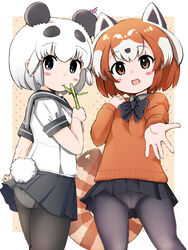  2girls akatsuki_no_guuru animal_ears animal_print back-print_panties bamboo black_legwear blue_eyes blue_legwear blush_stickers bow bowtie clothes_lift commentary_request cowboy_shot eating giant_panda_(kemono_friends) heart highres kemono_friends kemono_friends_2 multicolored_hair multiple_girls orange_eyes orange_hair orange_sweater outstretched_hand panda_ears panda_tail panties pantyhose pantyshot pleated_skirt print_panties red_panda_(ex)_(kemono_friends) red_panda_(kemono_friends) red_panda_ears red_panda_tail school_uniform serafuku short_hair skirt skirt_lift standing striped_clothes striped_panties sweater tail underwear white_hair 