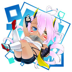  ahoge asymmetrical_legwear azur_lane bandeau black_gloves blue_eyes blush breasts chibi commentary_request covered_mouth dark-skinned_female dark_skin facepaint female full_body gloves hair_between_eyes heart heart_ahoge heterochromia horns indianapolis_(azur_lane) long_hair looking_at_viewer mechanical_horns medium_breasts mirukixtotoko partially_fingerless_gloves pink_hair red_footwear shoes solo thighhighs turtleneck twintails underboob uneven_legwear very_long_hair white_bandeau white_thighhighs yellow_eyes 