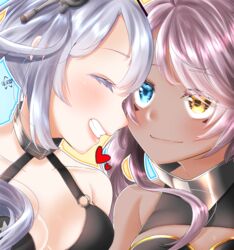  2girls azur_lane bikini black_bikini blue_eyes blush breasts cleavage closed_eyes closed_mouth dark-skinned_female dark_skin grin heart heterochromia highres indianapolis_(azur_lane) medium_breasts mikuri_kamazirou multiple_girls pink_hair portland_(azur_lane) siblings side_ponytail sisters smile swimsuit translation_request white_hair yellow_eyes 