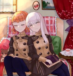  2girls annette_fantine_dominic blue_legwear book closed_eyes closed_mouth commentary cup fire_emblem fire_emblem:_three_houses garreg_mach_monastery_uniform highres holding holding_book indoors long_hair long_sleeves lysithea_von_ordelia multiple_girls orange_hair otokajife painting_(object) sitting sleeping smile stuffed_animal stuffed_toy tea teacup teddy_bear twintails uniform white_hair 