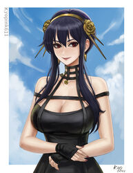  artist_name bare_shoulders black_dress black_gloves black_hair breasts cleavage cloud cloud_background cloudy_sky dress earrings english_commentary female fingerless_gloves flower gloves gold_hairband golden_rose hair_between_eyes hair_flower hair_ornament hairband hands_on_own_stomach jewelry kyopink large_breasts long_hair looking_at_viewer mona_lisa outside_border red_eyes red_nails sidelocks sky smile solo spy_x_family three_quarter_view upper_body yor_briar 