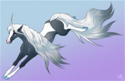  2023 ambiguous_gender blue_hooves curved_horn digital_media_(artwork) equid equine eyebrow_through_hair eyebrows eyelashes facial_markings feral fluffymare hair head_markings hi_res hooves horn legs_in_air mammal mane markings multicolored_body mythological_creature mythological_equine mythology purple_eyes raeni simple_background solo tail translucent translucent_hair two_tone_body unicorn white_hair white_mane white_tail 