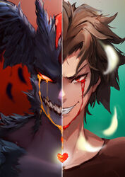  1274433817 1boy absurdres black_feathers blood blood_from_eyes brown_hair chinese_commentary commentary_request devilman devilman_(character) devilman_crybaby dual_persona feathers fudou_akira grin heart highres looking_at_viewer male_focus partial_commentary red_eyes sharp_teeth smile split_theme teeth white_feathers 