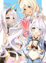  3girls ahoge azur_lane bandeau bikini black_bikini black_gloves black_shorts black_skirt blonde_hair blue_eyes blue_shirt blue_shorts blush breasts cleavage collared_shirt commentary_request covered_mouth cowboy_shot dark-skinned_female dark_skin earrings facepaint feather_earrings feathers fringe_trim gloves gudon_(iukhzl) hair_between_eyes heart heart-shaped_pupils heart_ahoge heterochromia historical_name_connection horns indianapolis_(azur_lane) indianapolis_(warship_girls_r) jewelry large_breasts long_hair looking_at_viewer mechanical_horns medium_breasts miniskirt multiple_girls name_connection navel oerba_yun_fang open_clothes open_fly open_mouth open_shirt own_hands_together partially_fingerless_gloves pink_hair pleated_skirt portland_(azur_lane) portland_(retrofit)_(azur_lane) red_thighhighs shirt shorts siblings side_ponytail sisters skin_fang skirt smile swimsuit symbol-shaped_pupils thighhighs turtleneck twintails underboob very_long_hair warship_girls_r white_bandeau white_shirt yellow_eyes 