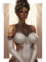  arcane:_league_of_legends armor artist_name breasts breasts_apart brown_eyes brown_hair dark-skinned_female dark_skin detached_sleeves dreadlocks dress earrings english_commentary female gold_armor hair_bun hair_ornament jewelry kyopink large_breasts league_of_legends looking_at_viewer mel_medarda shoulder_plates single_hair_bun smile solo upper_body very_dark_skin white_dress 