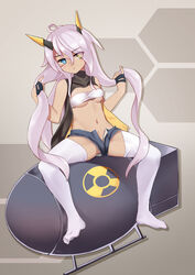  ahoge azur_lane bandeau black_gloves blue_eyes blush breasts closed_mouth commentary_request dark-skinned_female dark_skin expressionless eyes_visible_through_hair facepaint female full_body gloves grey_shorts hair_between_eyes hand_in_own_hair heart heart_ahoge heterochromia highres horns indianapolis_(azur_lane) long_hair looking_at_viewer mechanical_horns medium_breasts micro_shorts navel no_shoes nuclear_weapon open_fly pink_hair radiation_symbol shorts sitting solo the_hermit thighhighs twintails underboob very_long_hair white_bandeau white_thighhighs yellow_eyes 