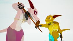  16:9 3d_(artwork) 4k absurd_res anthro claws clothed clothing digital_media_(artwork) duo gavit gold_(metal) gold_jewelry harem_jewelry harem_outfit hi_res holding_object holding_weapon horn humanoid jewelry kobold kobold_dellarte low_poly male melee_weapon reptile scalie simple_background sword swordfight training training_sword weapon widescreen 