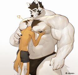  annoyed anthro bare_shoulders bear between_pecs biceps big_biceps big_muscles big_pecs black_body black_fur black_hair bottomwear canid canine canis chest_tuft clothing doooo2424 duo eyebrows face_in_chest fox fur hair head_between_pecs hi_res hug huge_muscles larger_anthro larger_male male male/male mammal muscular muscular_male orange_body orange_fur pants pec_grab pec_smothering pecs shorts size_difference tail thick_eyebrows tight_clothing triceps tuft white_body white_fur white_hair white_tail wolf 