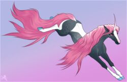  2023 ambiguous_gender blue_hooves curved_horn digital_media_(artwork) equid equine eyebrow_through_hair eyebrows eyelashes facial_markings feral fluffymare hair head_markings hi_res hooves horn mammal mane markings multicolored_body mythological_creature mythological_equine mythology pink_eyes pink_hair pink_mane pink_tail raeni simple_background solo tail translucent translucent_hair two_tone_body unicorn 