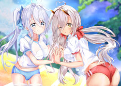  2girls :q absurdres ahoge alternate_costume ass azur_lane blue_bow blue_buruma blue_eyes blurry blurry_background blush bow breasts buruma closed_eyes closed_mouth commentary_request cowboy_shot dark-skinned_female dark_skin eyes_visible_through_hair gym_uniform hair_between_eyes hairbow heart heart-shaped_pupils heart_ahoge highres holding_hands horns indianapolis_(azur_lane) large_breasts long_hair looking_at_viewer maddo_(gasser_0518) mechanical_horns multiple_girls open_mouth outdoors portland_(azur_lane) red_bow red_buruma shirt siblings side_ponytail sisters smile symbol-shaped_pupils thighhighs tongue tongue_out twintails upper_body very_long_hair white_shirt white_thighhighs yellow_eyes 