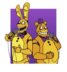  2018 animatronic anthro bear black_nose bow_tie brown_eyes button_(fastener) dompteuseartist duo electronics eyelashes fingers five_nights_at_freddy&#039;s freckles fredbear_(fnaf) fur green_eyes happy holding_object inner_ear_fluff lagomorph leporid machine male mammal microphone open_mouth rabbit robot scottgames slightly_chubby smile spring_bonnie_(fnaf) tuft yellow_body yellow_fur 