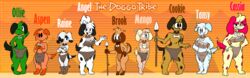  2022 absurd_res angel_(the_doggo_tribe) anthro aspen_(the_doggo_tribe) bandage bandaged_arm bandaged_leg black_ears black_eyes black_spots blonde_hair blue_body blue_ears blue_fur blue_spots bone bone_collar bottomwear breasts brook_(the_doggo_tribe) brown_body brown_fur brown_hair canid canine canis cassia_(the_doggo_tribe) clothing collar cookie_(the_doggo_tribe) domestic_dog english_text fangs female footwear fur green_body green_eyes green_fur green_hair group hair hi_res jewelry loincloth male mammal mango_(the_doggo_tribe) markings melee_weapon multicolored_body multicolored_fur ollie_berry_(the_doggo_tribe) open_mouth orange_background orange_body orange_ears orange_fur orange_hair polearm raine_(the_doggo_tribe) red_ears red_spots sandals simple_background smile spear spots spotted_body spotted_fur tan_body tan_fur tan_hair tansy_(the_doggo_tribe) teeth text the_doggo_tribe thick_thighs tongue tongue_out toontk tribal two_tone_body two_tone_fur weapon white_body white_fur white_hair yellow_body yellow_fur 