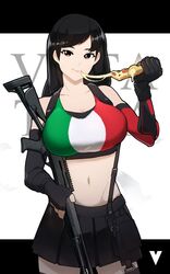  asymmetrical_gloves bare_shoulders benelli_m4 black_gloves black_hair black_skirt black_thighhighs breasts brown_eyes cheese cheese_trail cleavage commentary cowboy_shot crop_top eating elbow_gloves english_commentary female final_fantasy final_fantasy_vii final_fantasy_vii_remake fingerless_gloves food gloves gun hand_up highres holding holding_food holding_gun holding_pizza holding_weapon italian_flag italian_senate_porn_livestream_(meme) large_breasts long_hair looking_at_viewer meme midriff miniskirt mismatched_gloves navel pizza pizza_slice pleated_skirt pouch shotgun single_fingerless_glove skirt solo suspender_skirt suspenders swept_bangs tank_top thighhighs tifa_lockhart undershirt variasii weapon zettai_ryouiki 